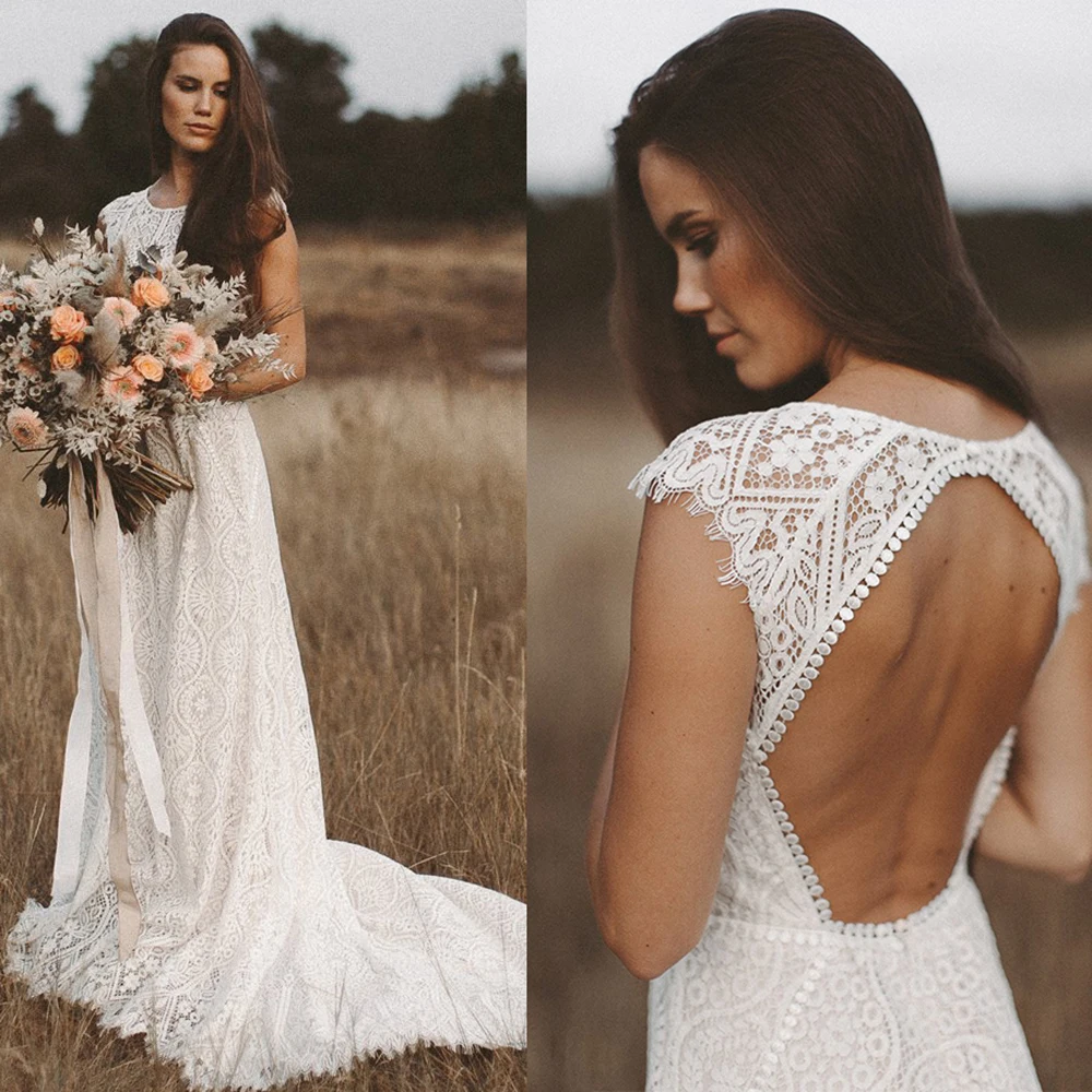 

Rustic Sleeveless Backless Outdoor Wedding Dress Plus Size Drop Ship Round Neck Hollow Cutout A Line Floral Lace Bridal Gowns