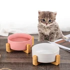 Керамическая миска для домашних животных, миска для кошек и собак с деревянной подставкой, без разбрызгивания корма, кормушка для кошек, маленькая миска с рисунком животного