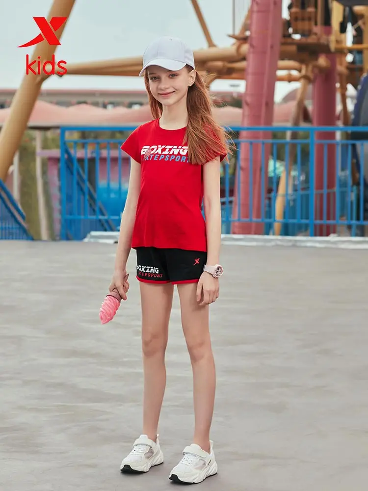 Летняя футболка для девочек Xtep с круглым вырезом Детские повседневные свободные