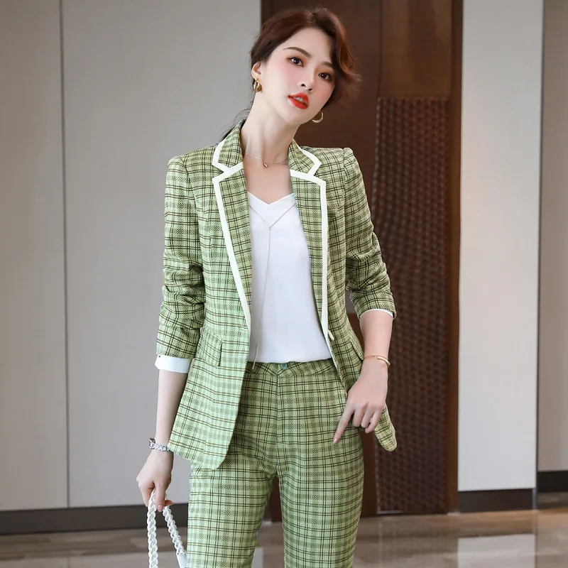 Женский облегающий клетчатый костюм с брюками Осень-зима 2020 деловая одежда в