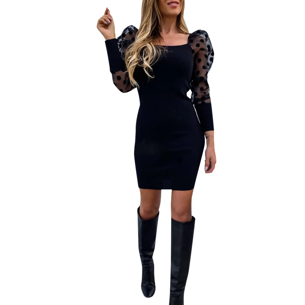 Сексуальное женское платье для вечеринки офисное в горошек с пышными рукавами