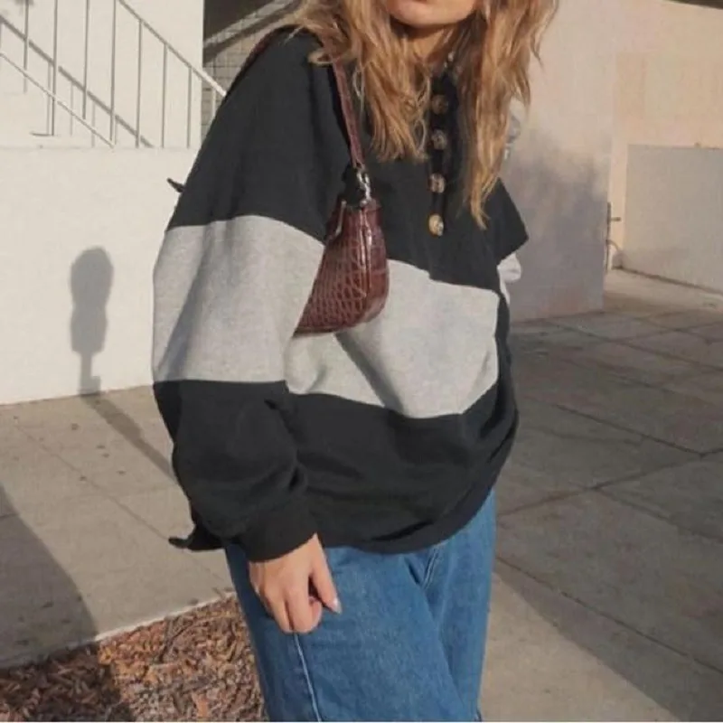 

Black Splicing Button Irregular Pullovers Casual Sweatshirt Women New Autumn Winter Warm Long Sleeve Sports Streetwear Plus Size