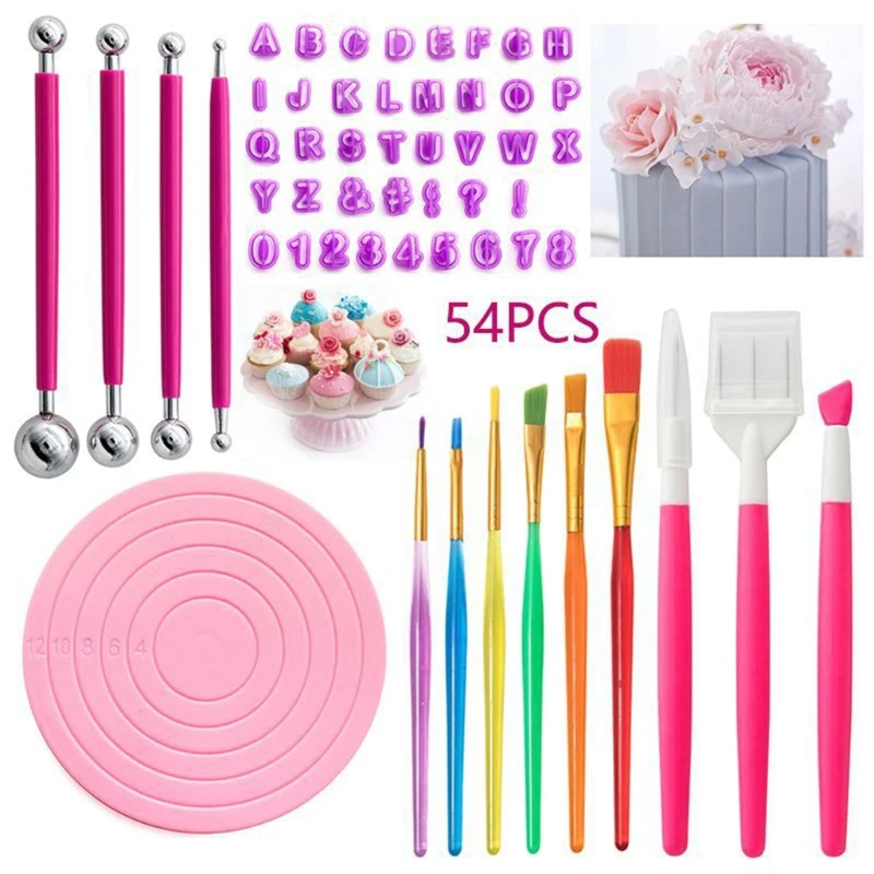 

54 Pcs Cake Decorating Tools Set Number English Symbol Moulds Coloring Brushes