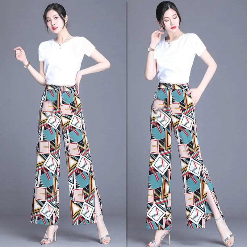 

Plus Size Sets Single/Suit Cotton T-Shirt+Chiffon Print Wide Leg Split Fork Pants Sets Summer Drape Pant Two Piece Set Women 360