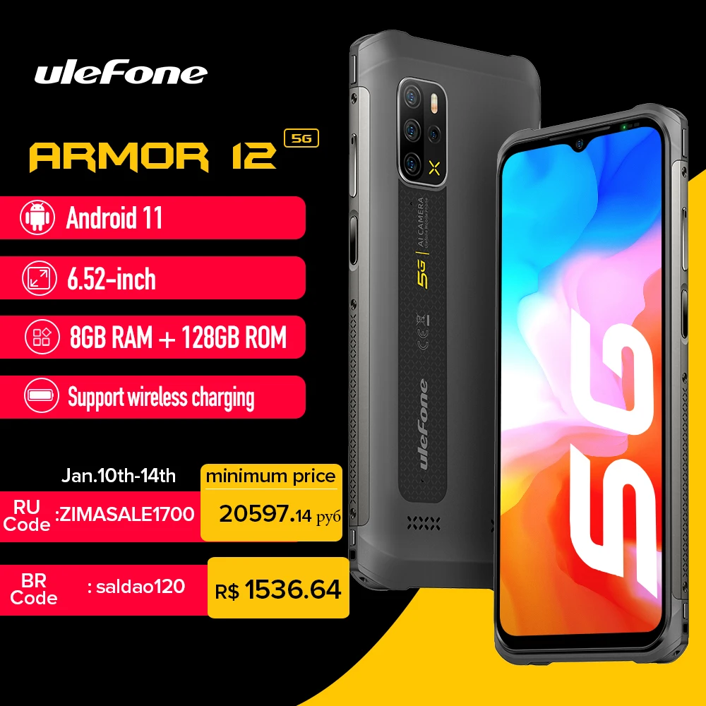 

Ulefone Armor 12 5G Rugged Phone Android 11 8GB+128GB Global Version 6.52“ Waterproof Smartphone 5180 mAh Wireless Charging NFC