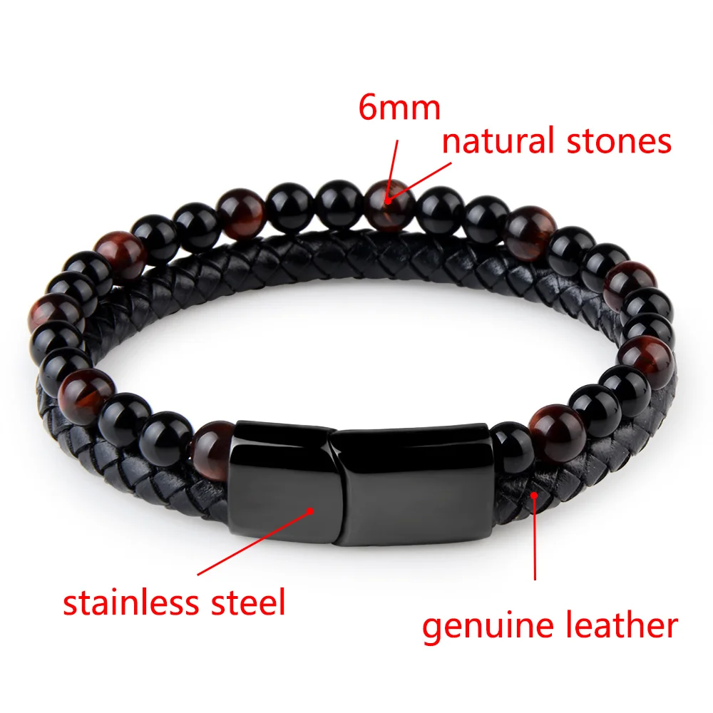 

Natural Stone Bracelets Genuine Leather Braided Bracelet Black Stainless Steel Magnetic Clasp Tiger eye Bead Bangles Men Jewelry