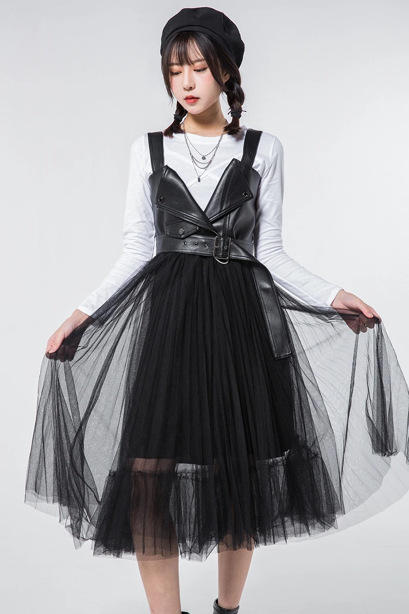 

2021 Spring Summer New Fashion Leather Spaghetti Strap V Neck Gauze A Line Dresses for Women