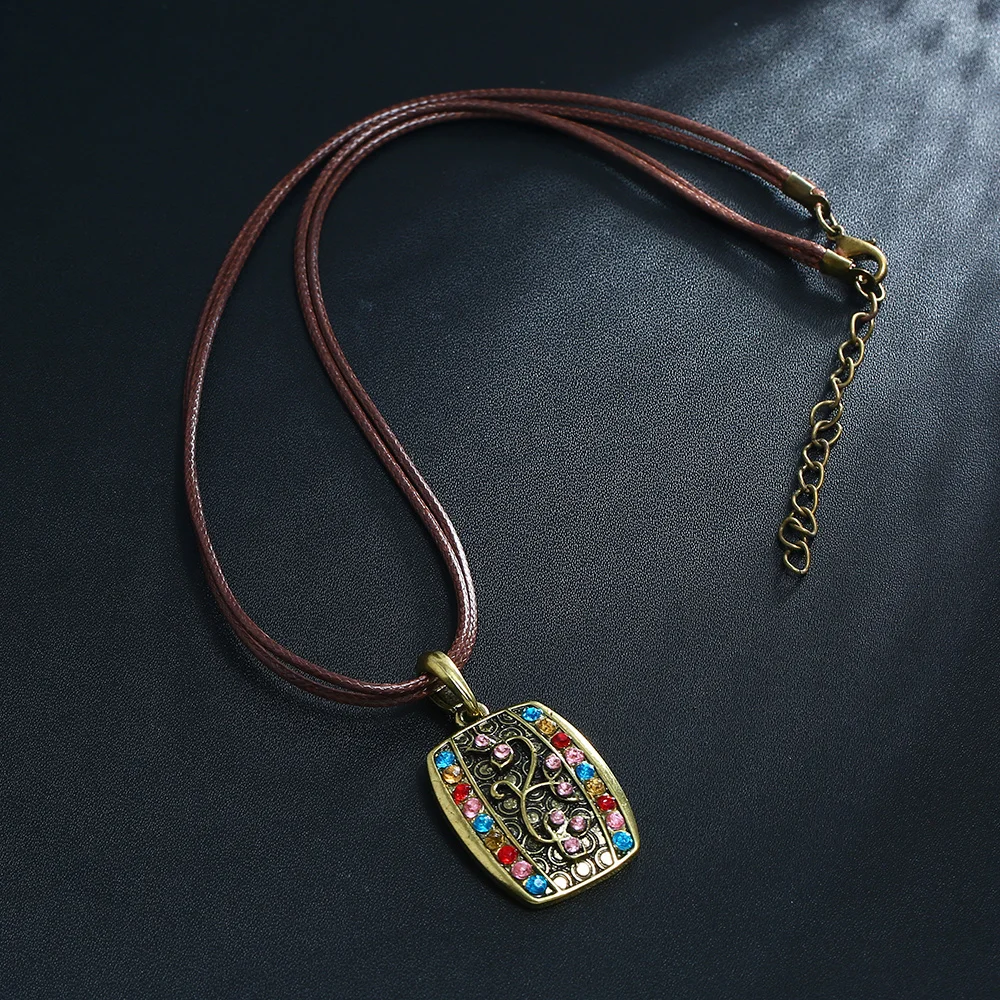Boho Ethnic Necklace 2020 New Fashion Bohemian Vintage Geometric Square Carved Flowers Rhinestones Leather Rope Pendant | Украшения и