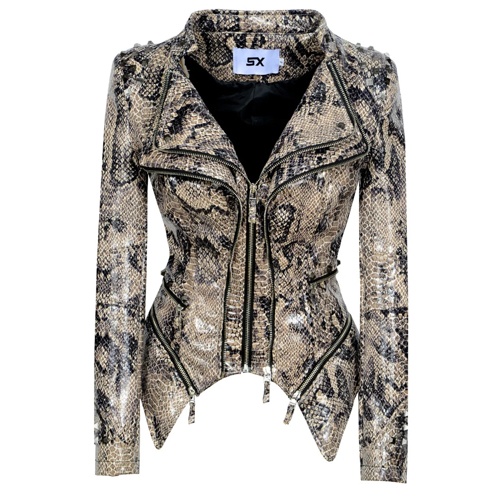 

SX 2021 New Fashion Women Smooth Motorcycle faux PU Leather Jacket Lady Long Sleeve slim Biker Streetwear Snake print black Coat