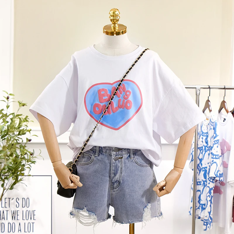 

New summer loose fitting Pullover love print round neck short sleeve Oversized T-shirt for women harajuku attack on titan