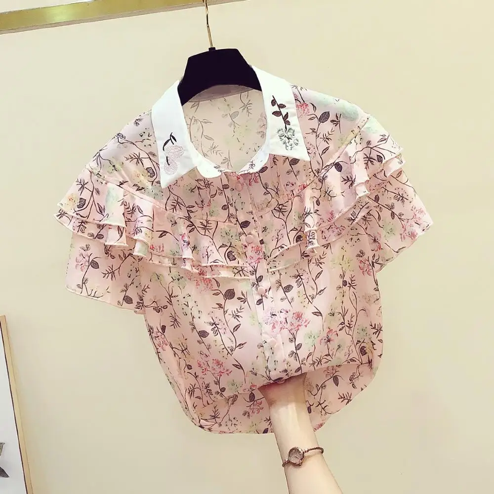 

2020 Summer Women Embroidery Lapel Shirt Chiffon Blouse Short Sleeve Ruffles Shirt Tops Ladies All-match Blouuse Blusas A3253