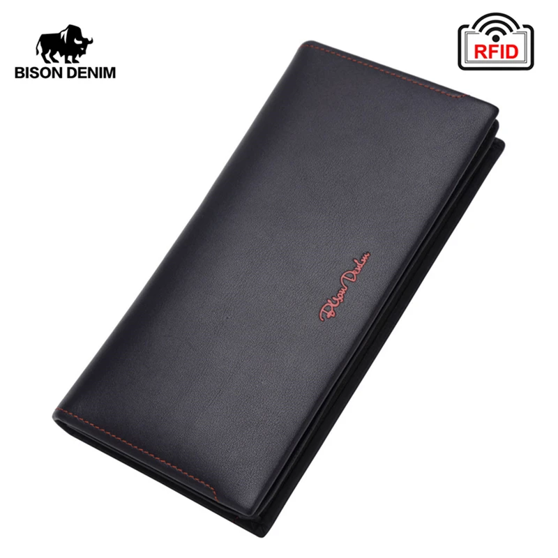 Мужской длинный клатч BISON DENIM классический деловой кошелек из натуральной кожи с