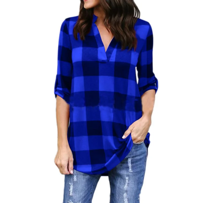 

Plus Size Women Plaid Casual Loose Long Shirts Female Vintage Long Sleeve V Neck Blouse Tops 5XL Rk