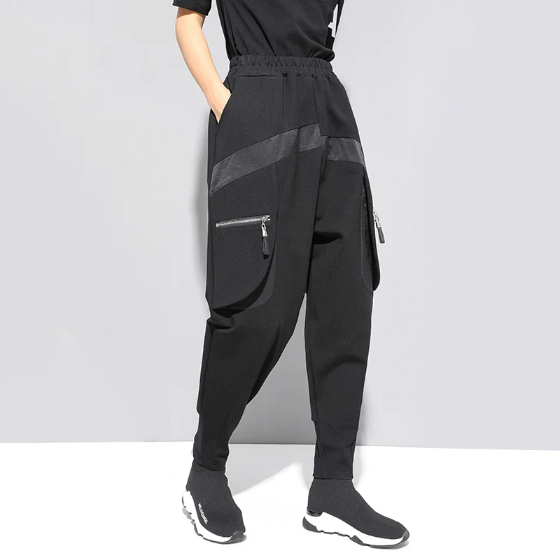 Шаровары женские черные на молнии с карманами и высокой талией Осень-зима 2020