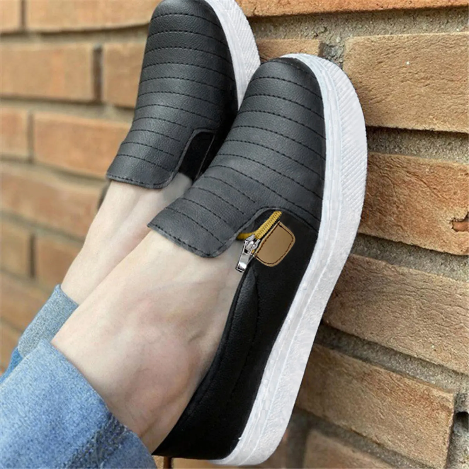 

Women's Flats Shoes Fashion Zipper Pure Color Shallow Mouth Flat Casual Comfortable Breathable Single Vulcanized Shoes Loafers