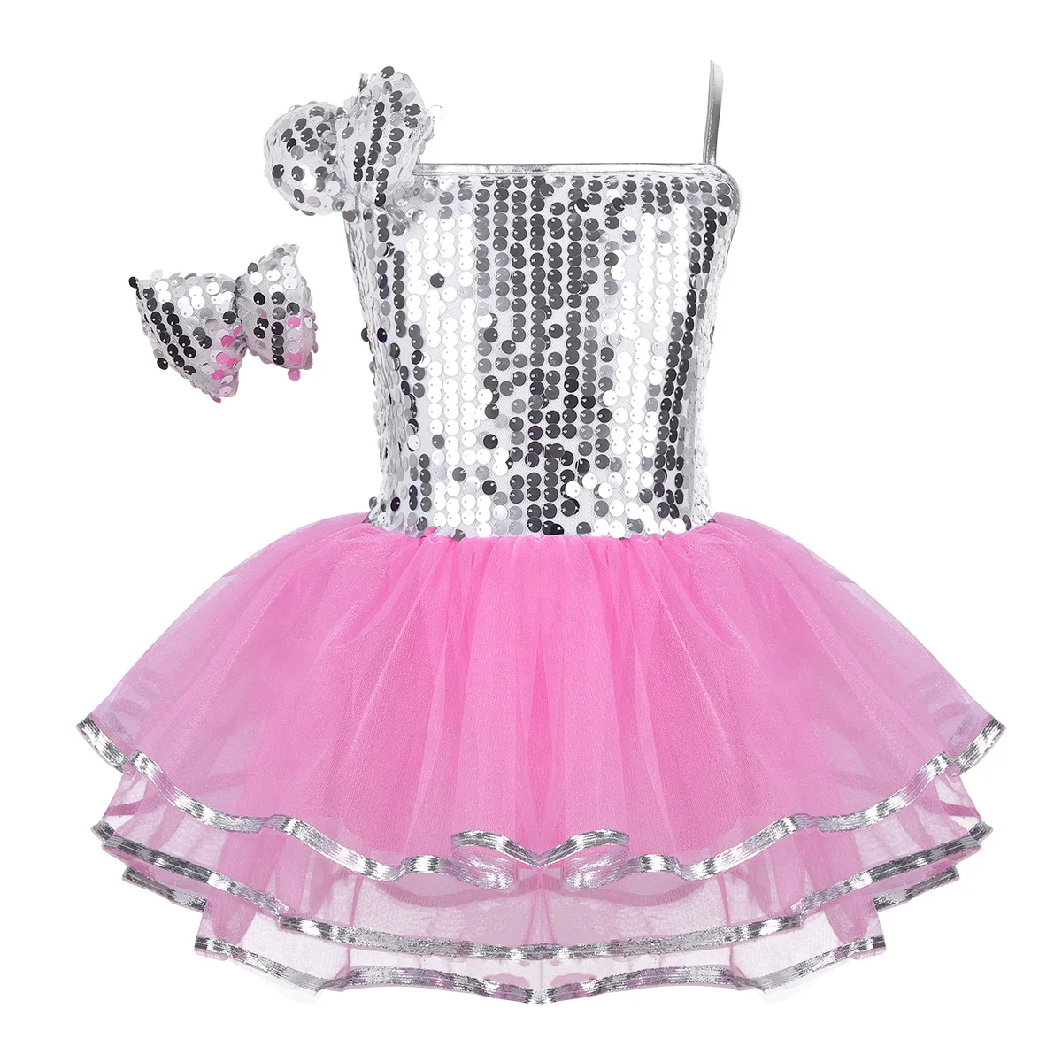 

Kids Girls Ballet Dancewear Outfit Shiny Sequins Mesh Tutu Dress+Hairclip Set for Modern Contemporary Jazz Latin Dance Clothes