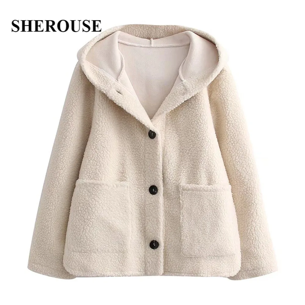 

Sherouse Fall Winter Women Fashion Faux Shearling Jacket Long Sleeves Hooded Vintage Woman Warm Overshirt Coat Chic Outfit