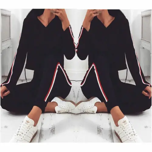 Модные женские стильные полосатые с длинным рукавом капюшоном спортивный костюм