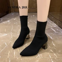 sandra jrr autumn women high heel sock boots knitted heels calf booties women fashion stretch shoes