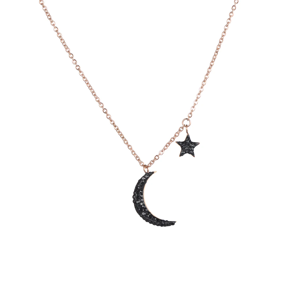 ZooMango Fashion Black Rhinestones Star &amp Moon Charm Necklaces Stainless Steel Rose Gold Pendants Necklace For Women ZN18238 | Украшения