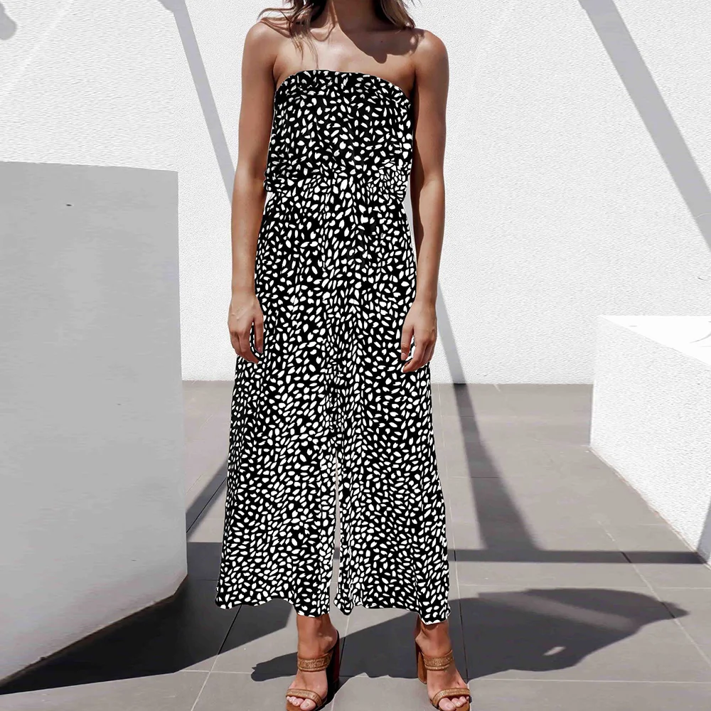

Summer Sleeveless Floral Print Women Overalls Lady Strapless Tube Top Rompers Wide Leg Pants Sexy Slash Neck Women Jumpsuit D30