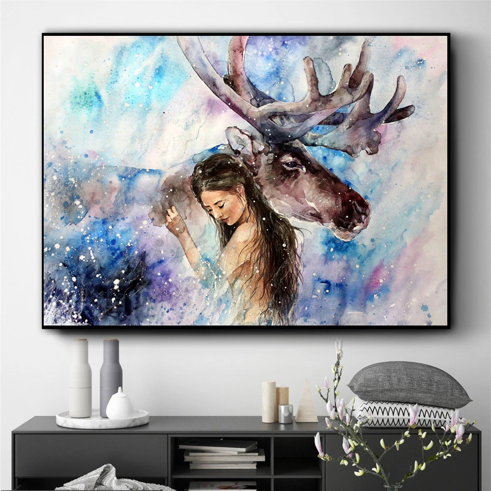 

Abstract Wall Art Canvas Painting Sexy Woman and Animal Hugging Tiger Elk Deer Watercolor Posters Prints Home Decor Living Room