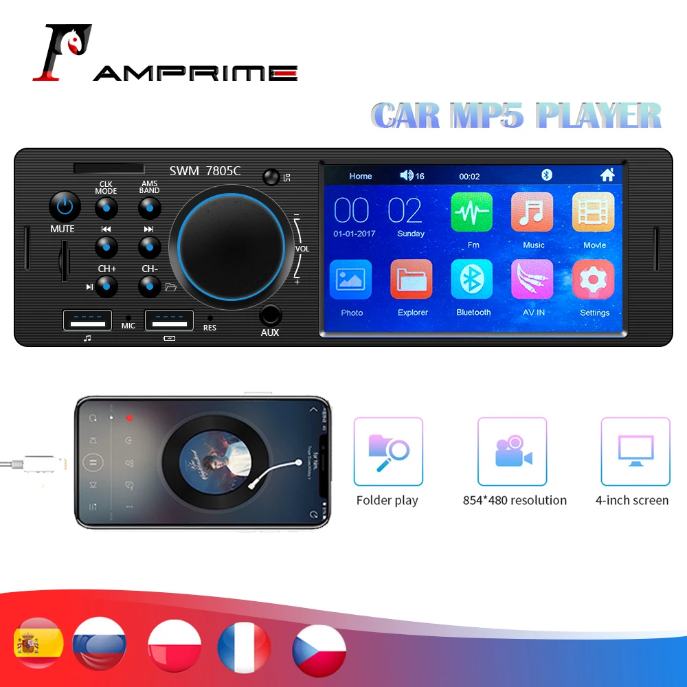 AMPrime 1 Din автомагнитола 4," Автомобильный мультимедийный Bluetooth аудио стерео SD/USB/AUX/FM MP5 плеер с камерой заднего вида пульт дистанционного управления