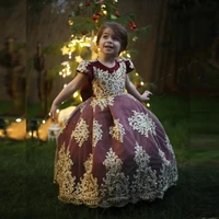 burgundy long princess flower girl dress golden appliqued baby kids wedding party costumes first comunion vestido de comunion