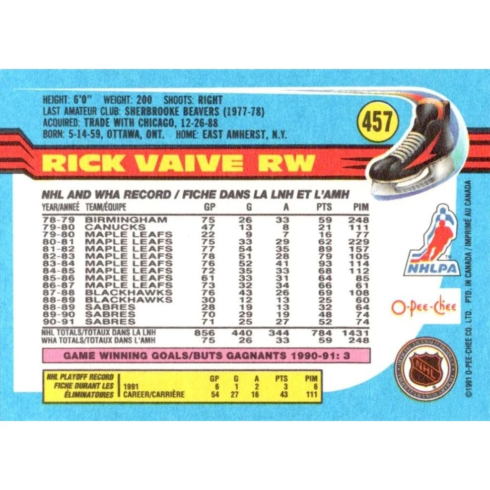 O-Pee-Chee 1991 Коллекционная хоккейная карточка №457 Rick Vaive | Игрушки и хобби