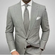 Costume à rayures grises pour hommes, veste avec poches, 2 pièces, smoking Simple, marié, mariage, mode hommes d'affaires, manteau formel  (3)
