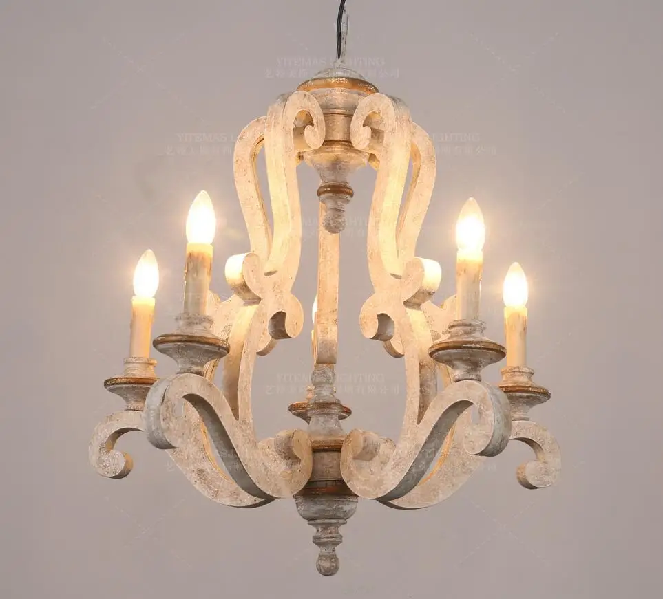 Большая деревянная люстра с 6 ламсветильник ками винтажная белая в стиле