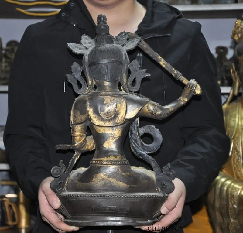 

Christmas 18"Tibet Buddhism bronze Gilt Manjushri Wenshu Buddha Hold Sword goddess statue Halloween