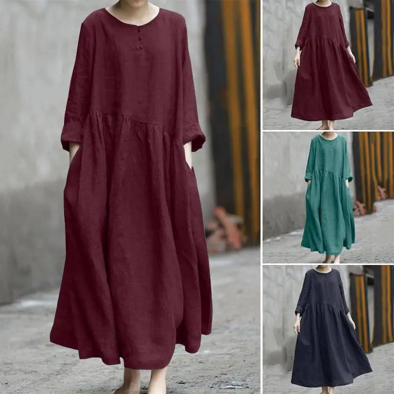

2021 New Maxi Dress Women Solid Cotton Linen O-neck Pleated Irregular Stitching Loose Large Big Swing Long Sleeve Dresses