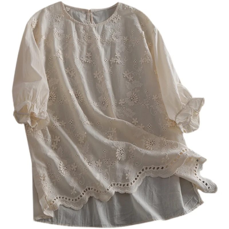 

Lamtrip Surface Flowers Stitch 3D Short Sleeve O-Neck Cotton Loose T-Shirt Tee Top Mori Girl