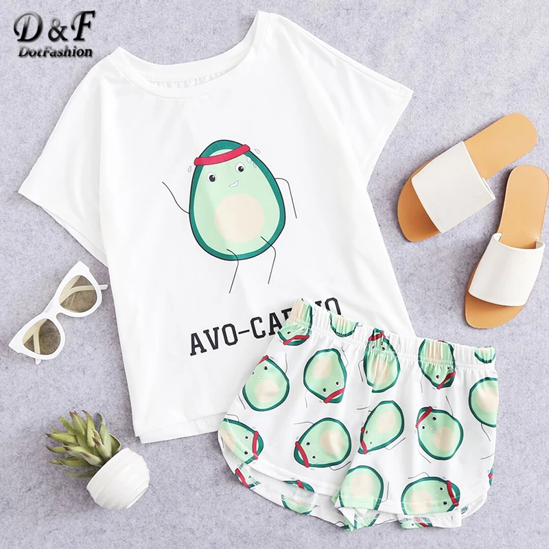 Dotfashion/комплект из футболки и шорт с принтом авокадо из мультфильма, женская пижама, повседневный пижамный комплект с коротким рукавом, Женская эластичная одежда для сна