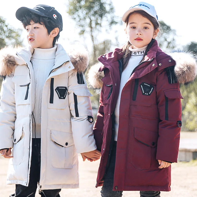 Детский пуховик средней длины с натуральным мехом для мальчиков и девочек | Мать