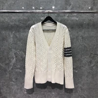 tb thom mens sweater autunm winter fashion brand coats merino wool aran cable 4 bar stripe v neck cardigan white tb sweaters