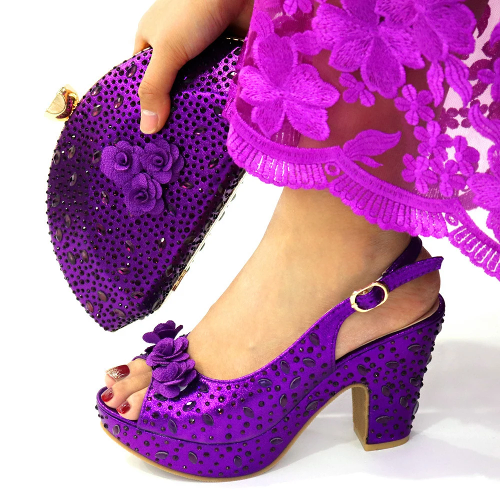 Lastest Italian Design Fashion Style Ladies Shoe with Matching Bag Set 2023 Nigerian Shoes and Bag Set in Purple Color for Party
