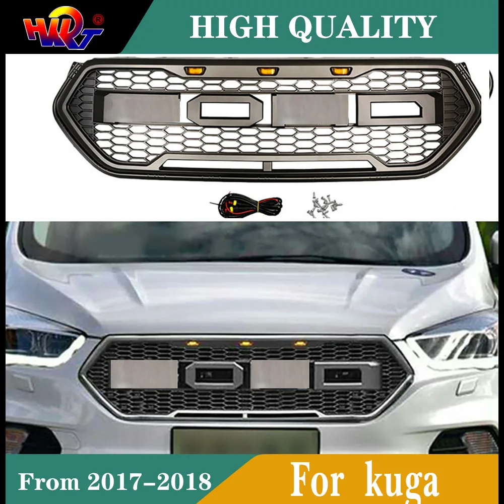 

Racing Grills For Escape Kuga 2017 2018 ABS Balck Modified Front With Orange Led Grill Mesh Raptor Grille Mask Trims Cover