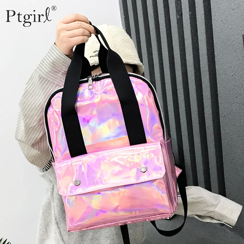 Модный голографический рюкзак в стиле хип хоп женский серебристый с лазером