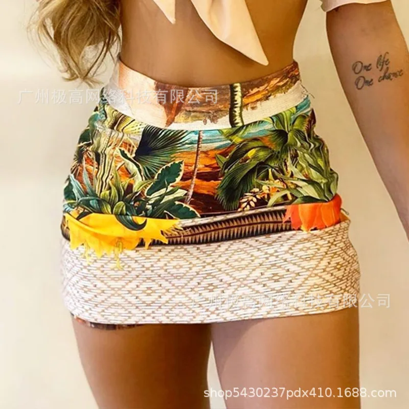 

2021 summer new fashion beige one-shoulder printing suit