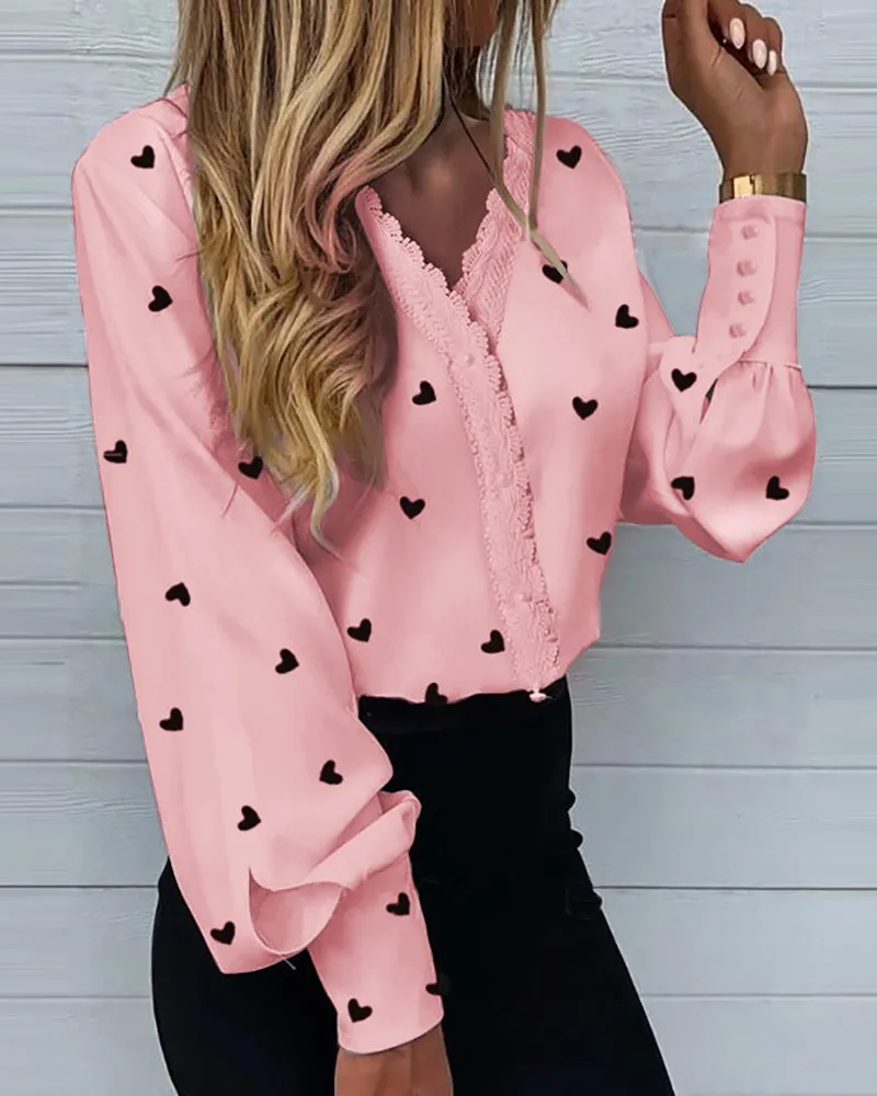 

Heart Print Lantern Sleeve Shirt Tops