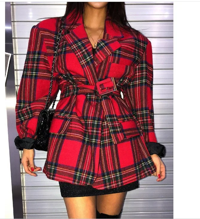 Red Big Plaid Women Blazer Pockets Jackets Female Retro Suits Coat Feminino blazers Outerwear high quality | Женская одежда