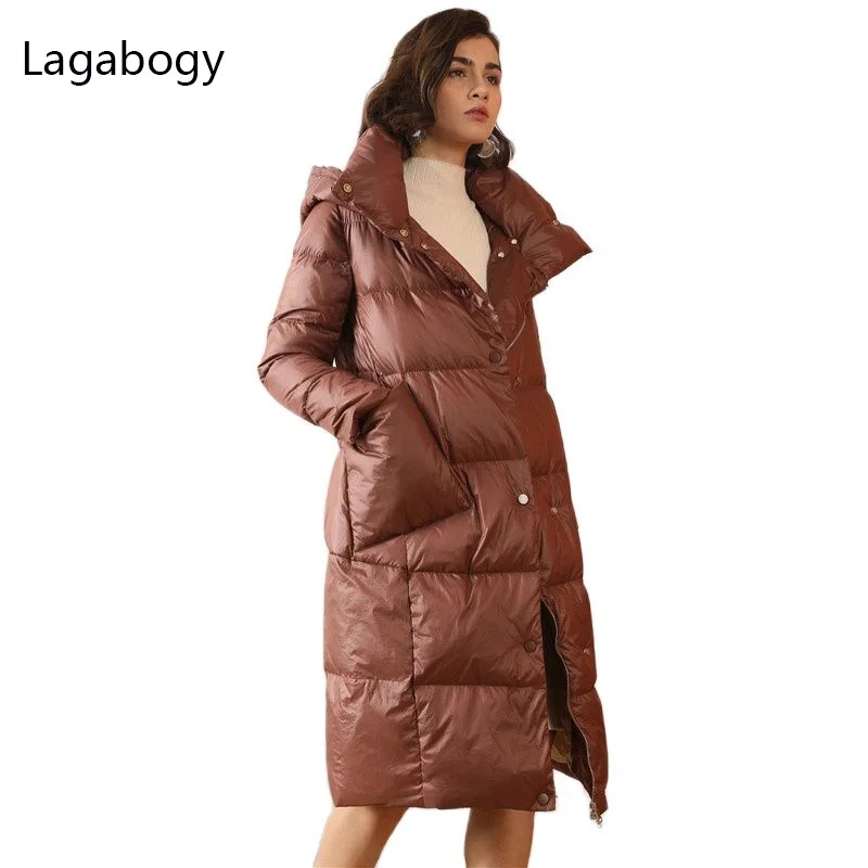Lagabogy 2021 High Quality New Winter Down Coat Women Hooded Warm Parka Female 90% White Duck Down Jacket Long Warm Snow Outwear
