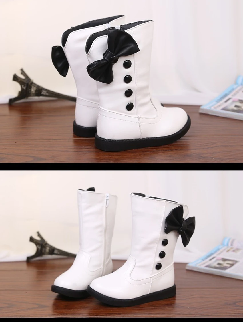 Girls Fashion Boots Autumn Winter Platforms PU Leather Mid-calf Princess Boots Butterfly-knot Ornament Toddler Kids Shoes