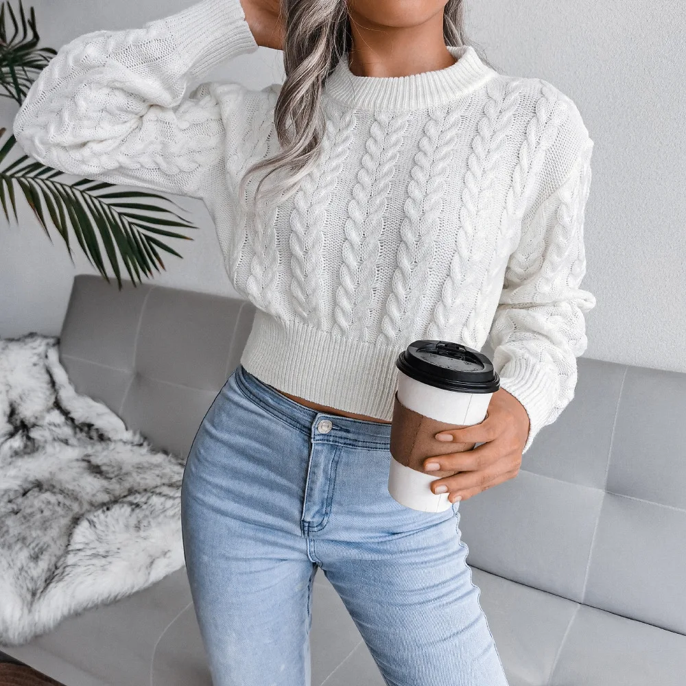 

2022 Winter New College Wind Twist Knit White Round Neck full Sleeve Pullover Sweater Street wear Women Fashion Autumn Clothing