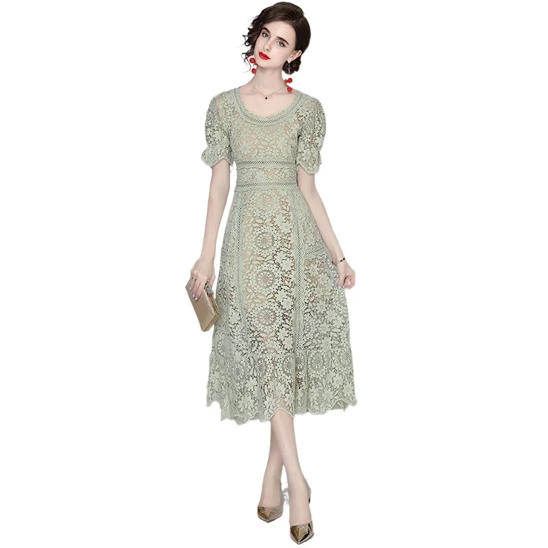 

Simgent High End Lace Dress Women Summer One Neck A Line Lantern Sleeve Hollow Out Midi Long Dresses Robe Femme SG1677