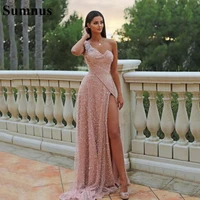 sumnus one shoulder shiny tull formal prom dress pink sweetheart sleeveless side slit women evening gown special occasion dress