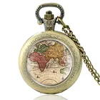 Бронзовые, классические, ретро, Карта мира, стекло, кабошон, кварцевые карманные часы, античный мужской и женский кулон, ожерелье, часы, подарки