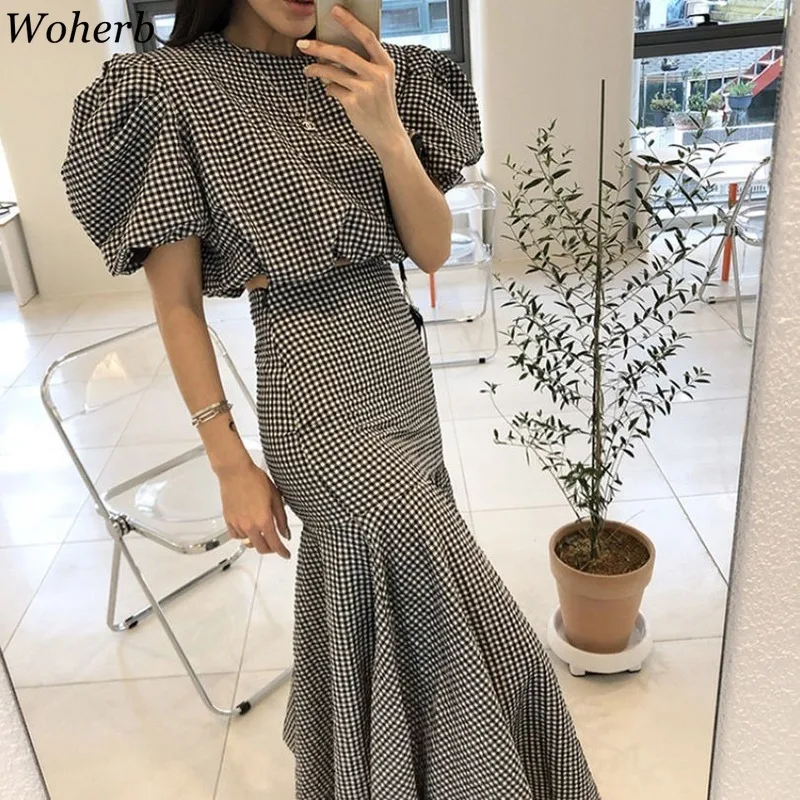 Woherb женские Верхняя одежда из двух частей Летнее платье в клетку с рукавами